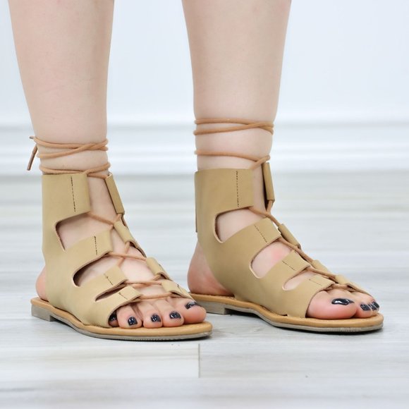 Shoes - Gray Gladiator Laced-Up Bootie Style Flat Sandals